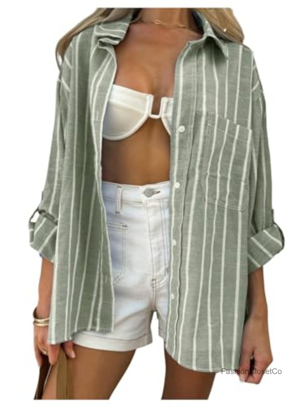 Oversized Striped Button Down Blouse Long Sleeve Loose Fit Vacation Top